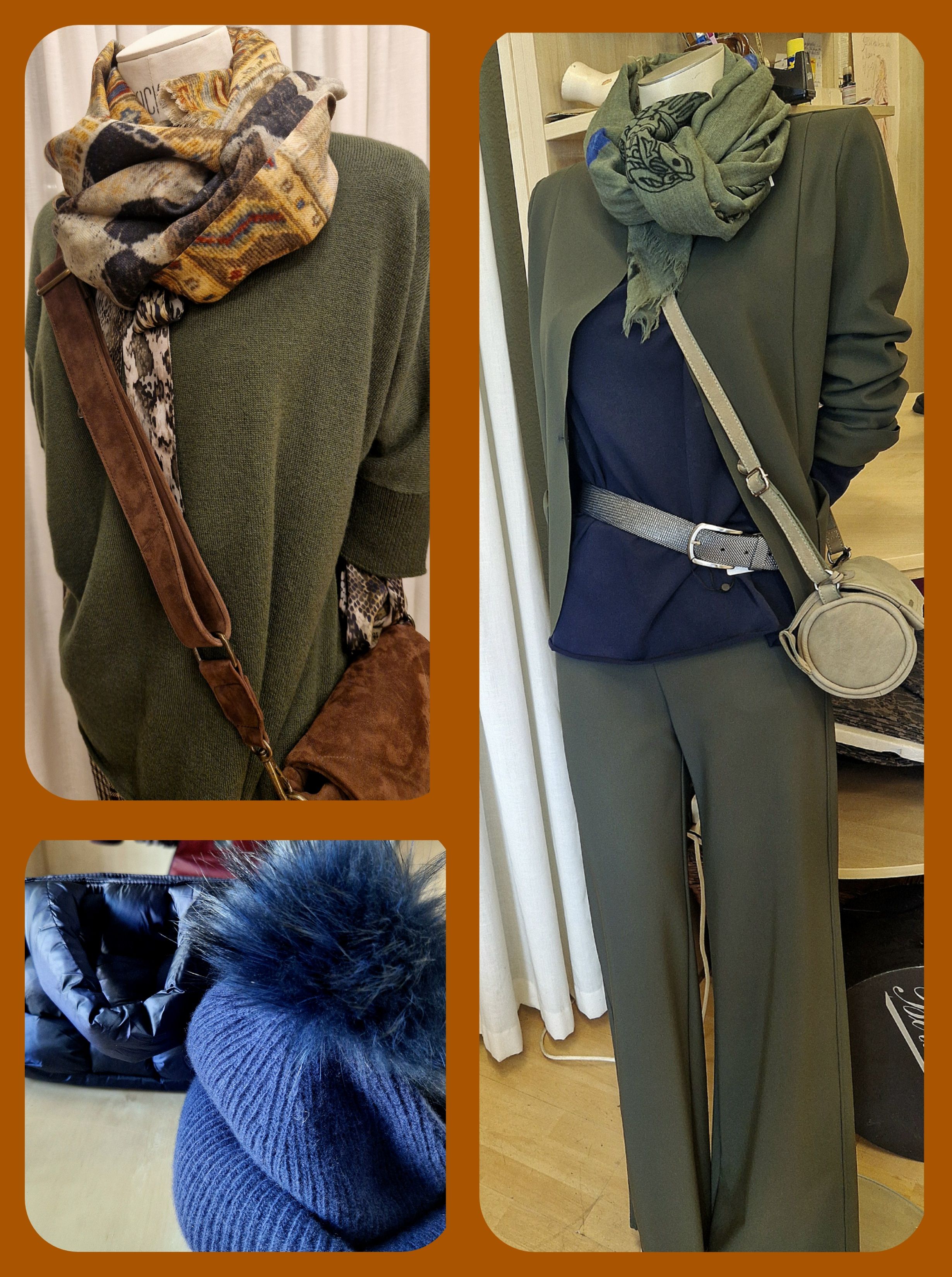 Herbst-/Winter-Outfit-Collage in Oliv- und Grüntönen