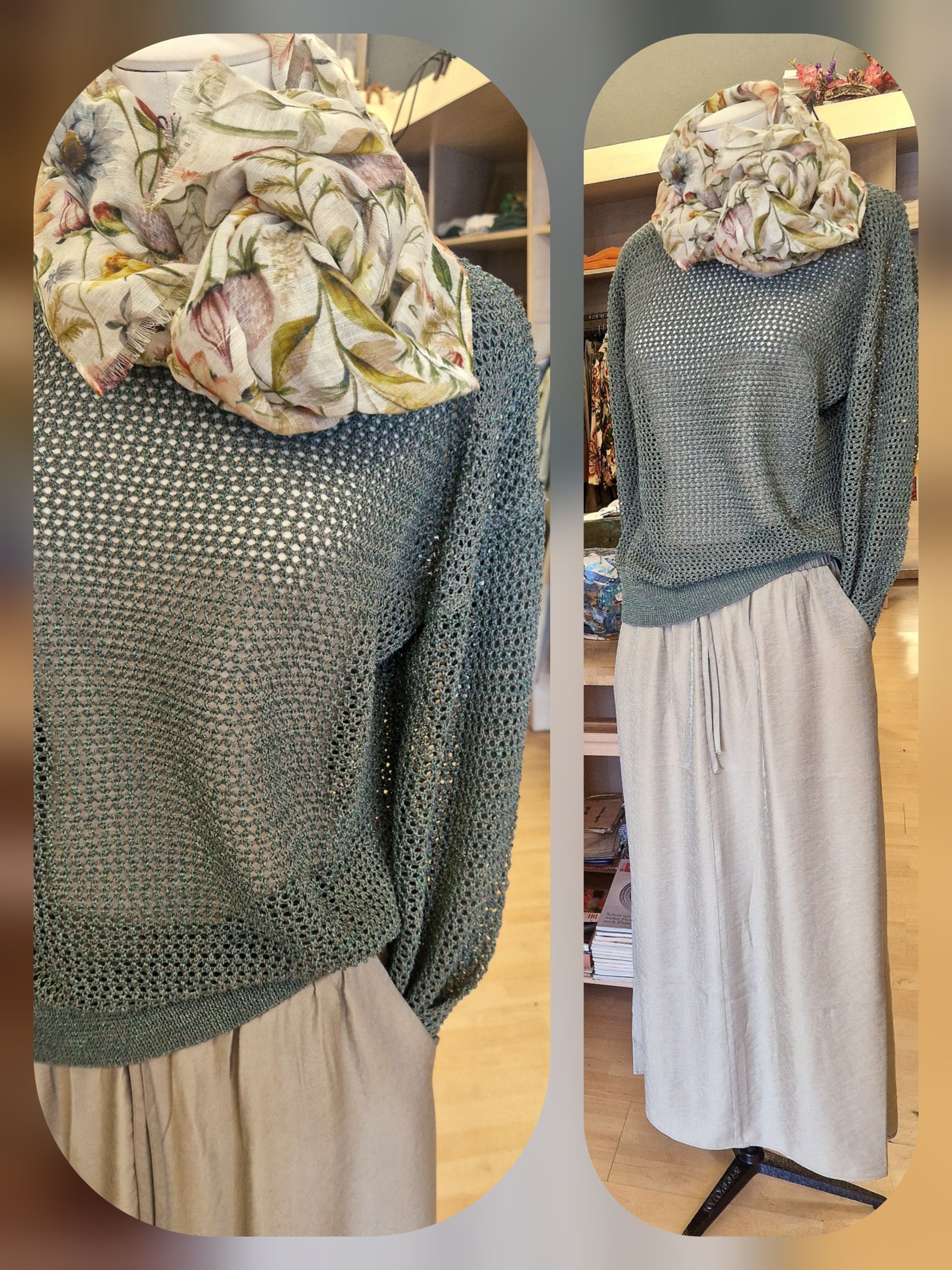 Netzpullover, langem Rock und floralem Schal an Schneiderpuppe