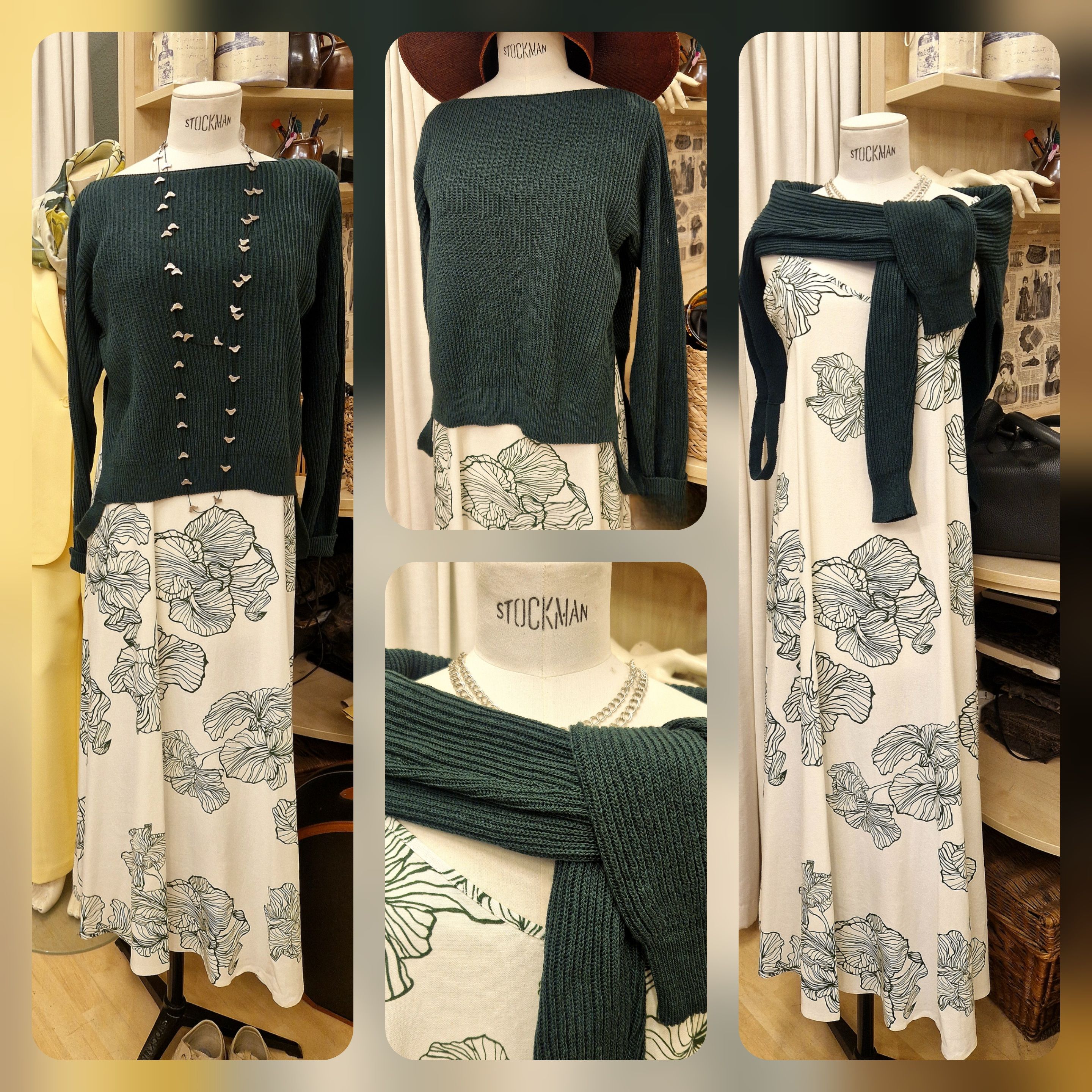 Kleid mit dunkelgrünem Strickpullover an Schneiderpuppe