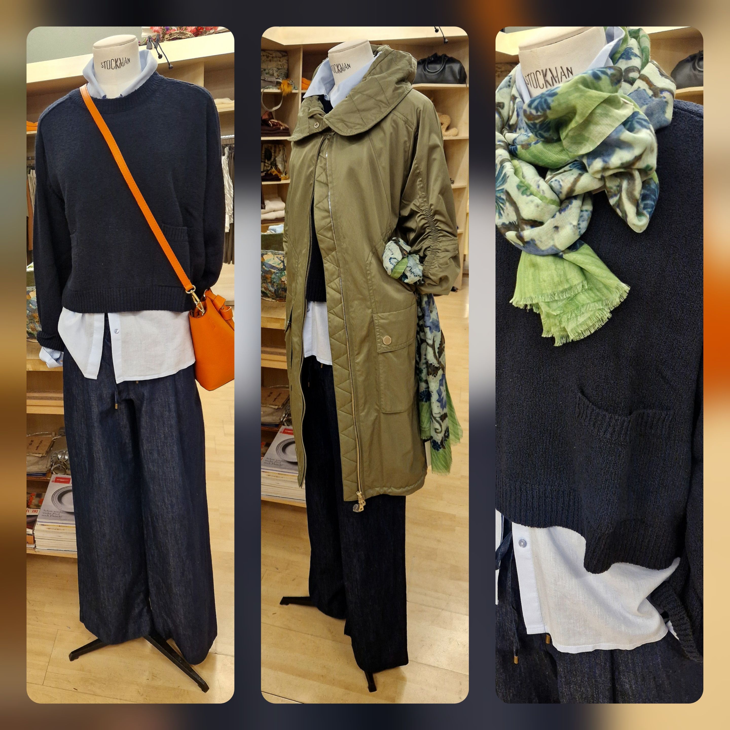 Dunkelblauee Pullover und Mantel mit grünem Schal an Schneiderpuppe
