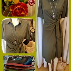 Collage mit khakifarbenem Wickelkleid, Kette, Taschen und Tulpen