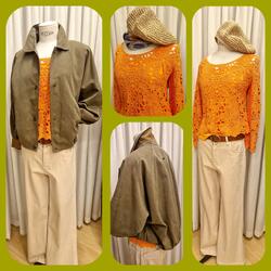 Collage mit olivfarbener Jacke, orangefarbenem Lochstrickoberteil und heller Hose