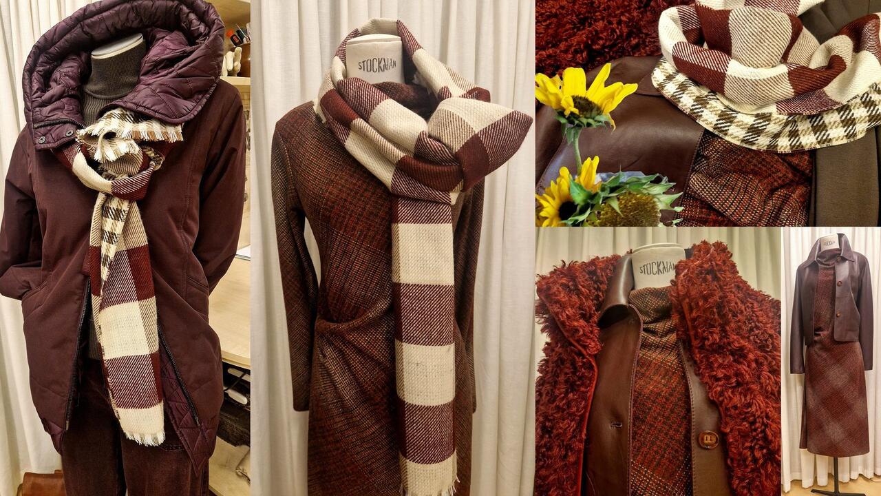 Collage in Bordeaux mit Steppjacke, Kleid mit kariertem Schal, Plüschjacke und Sonnenblumen
