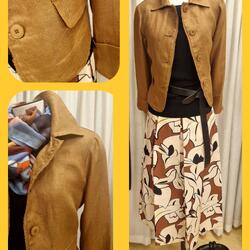 Collage mit brauner Jacke, schwarzem Oberteil, gemustertem Rock und schwarzer Tasche