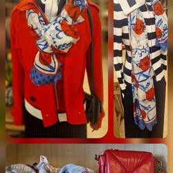 Collage mit roter Jacke, gestreiftem Oberteil, gemustertem Schal und roter Tasche