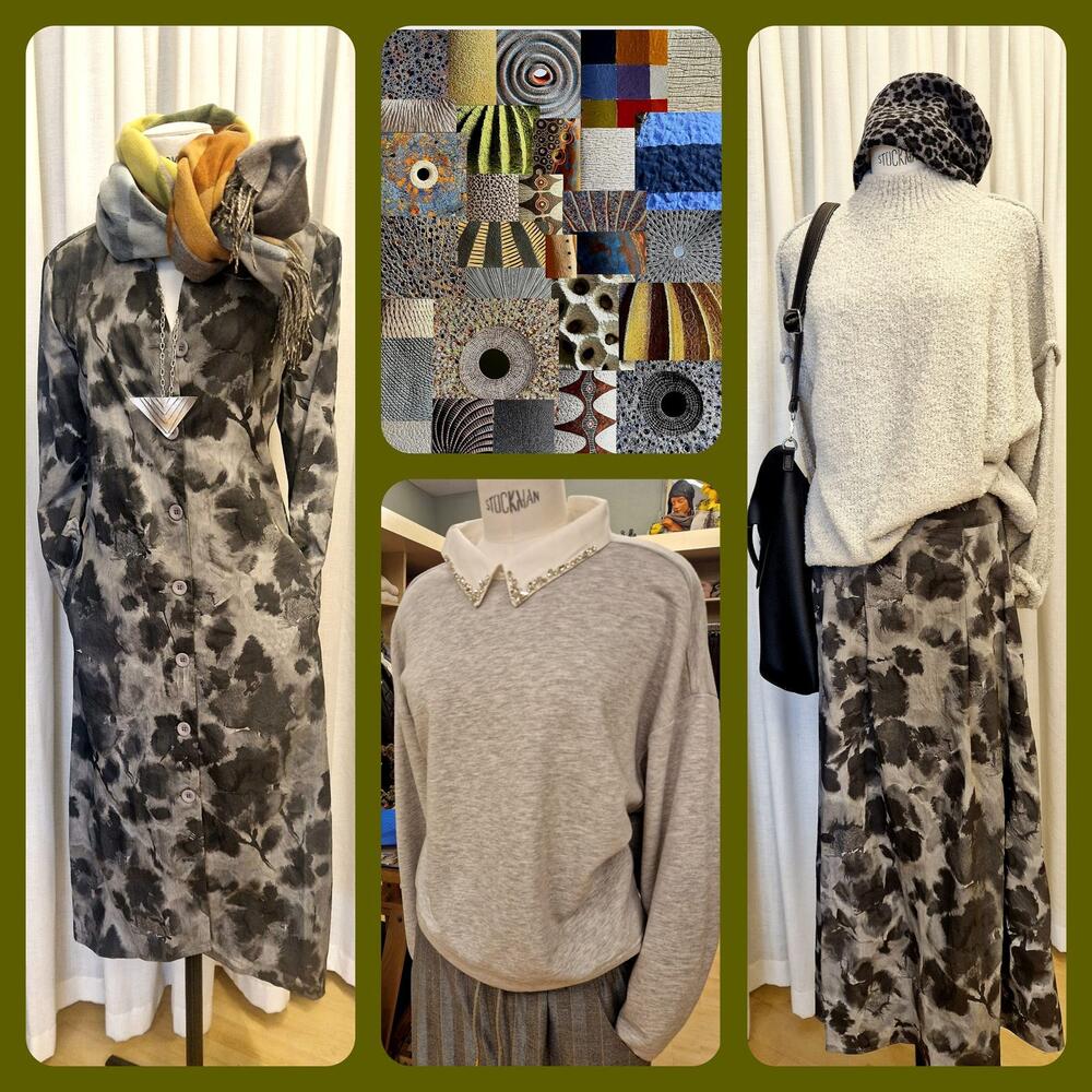 Collage in Grautönen mit geblümtem Mantel, grauem Pullover und Strickpullover mit Mütze