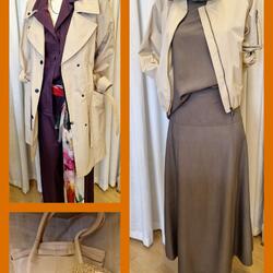 Collage mit beigem Trenchcoat, grauem Rock, hellen Jacken und Accessoires
